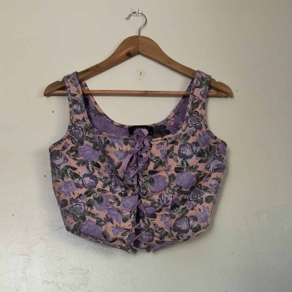 Cider Purple Rose Floral Lace Up Corset Crop Women's Top Sz Med